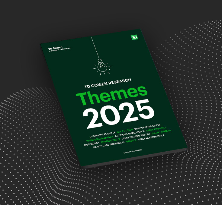 A printed report with TD Cowen Themes 2025 on the cover.