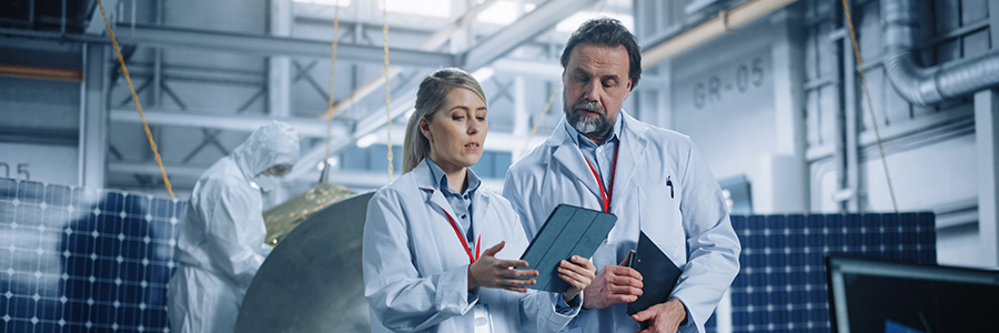 Two engineers in white coats looking over data on a tablet computer in a tech lab.