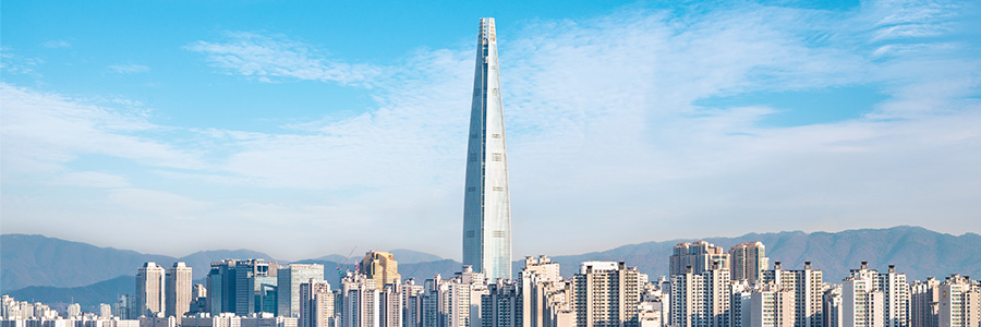 Landscape view of the Lotte World Tower and surrounding buildings in Seoul, Korea.