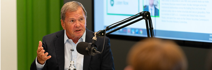 Frank McKenna recording Geopolitics episode 54 in front of a live audience.