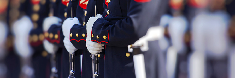 A row of U.S. Marines in dress uniform standing at attention.