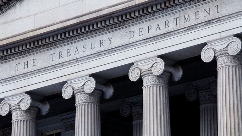 Close up of the entrance to the U.S. National Treasury in Washington D.C.